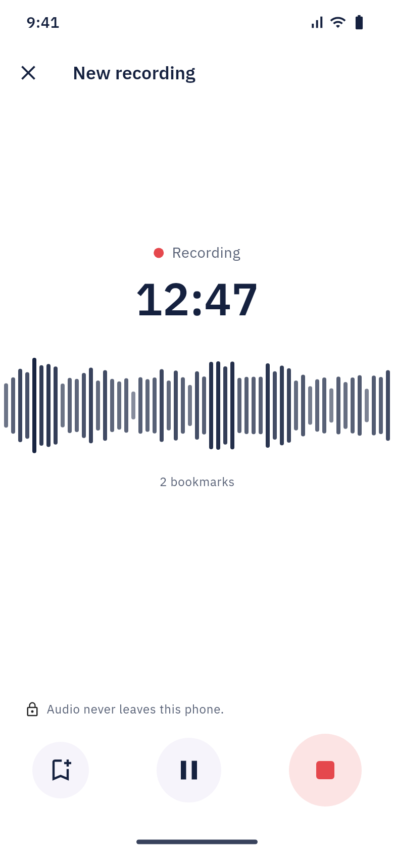 Recording in progress at 12:47 with a live waveform
